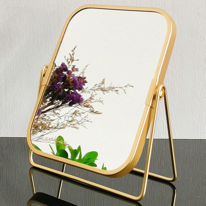 2-Sided Golden Tabletop Makeup Mirror, Double Sided 2X Magnification Vanity Mirror, 360°Rotation Dressing Table Mirror (Gold - Rectangle)