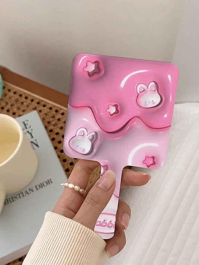 2pcs Cute Pink Rabbit Handheld Makeup Mirror Kawaii Bunny Square Glass Portable Cosmetic Mirror for Skincare Travel (2pCS)