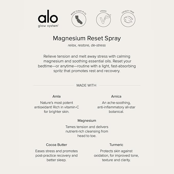 Alo Reset Magnesium Body Spray For Sleep & Natural Stress Relief – Calming Blend with Magnesium, Valerian Root, Arnica & Essential Oils – Made in USA - 3.2 oz