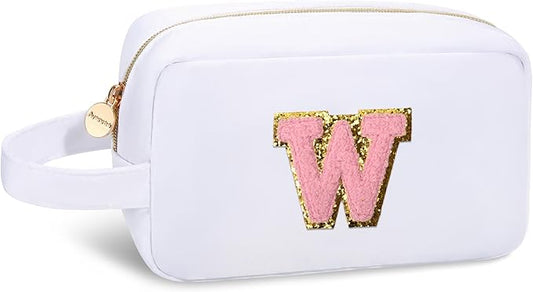 Aveniee Personalized Travel Makeup Bag for Women,Monogram Initial Cosmetic Bag Toiletry Pouch,Cute Preppy Organizer,Christmas Birthday Gifts for Women Teen Girls Sister-White W