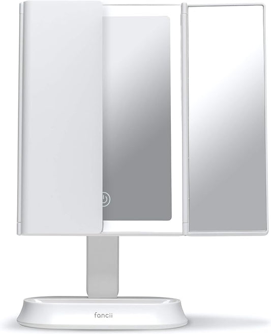 Fancii LED Lighted Makeup Mirror with 3 Color Temp, Rechargeable Trifold Vanity Mirror with 5X / 7X Magnifications - Dimmable Lights, Ultra Reflective Glass, Touch Sensor, Cosmetic Stand (Zora)
