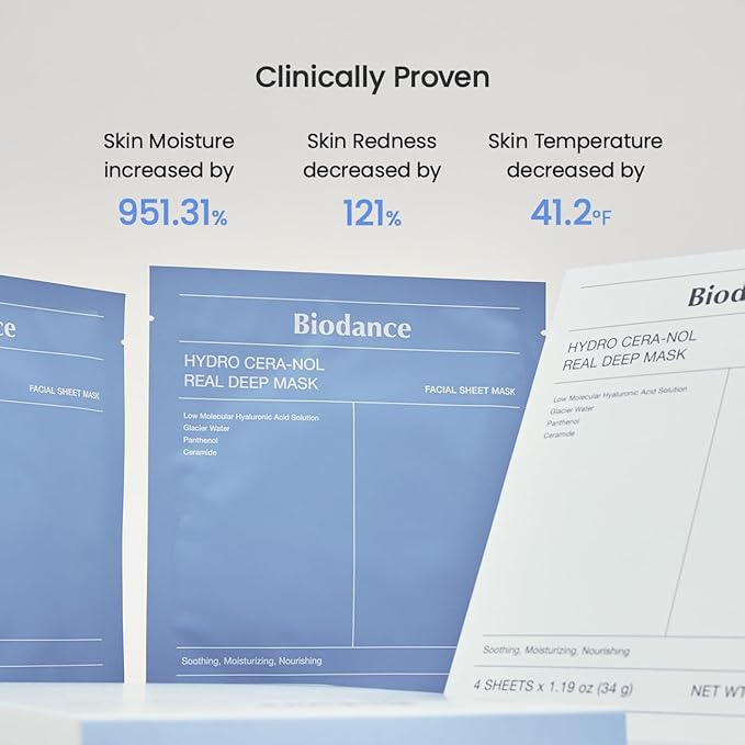 BIODANCE Hydro Cera-nol Real Deep Mask, Overnight Hydrogel Mask, Hydrating Facial Mask For Sensitive Skin, Redness Reducing & Quick Soothing Effect, 1.19oz(34g) x 4ea