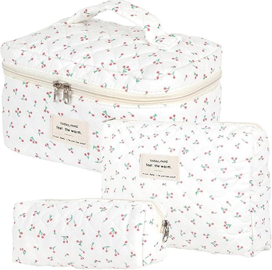 3 Pcs Quilted Makeup Bag Set,Cotton Coquette Make Up Bag,Cute Floral Makeup Bags Large Toiletry Cosmetic Bag Organizer for Women Girls (P1-3PCS)