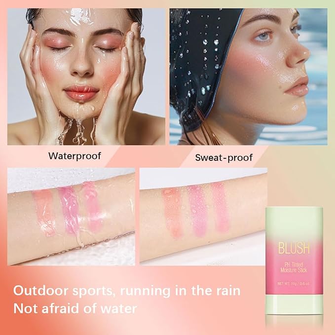 PH Tinted Moisture Stick，Multi-Use Cream Color Changing Blush, 3-in-1 Blush Stick for Cheek/Eyes/Lips, Waterproof Hydrating Tinted Solid Makeup Products (1# Shy Pink)