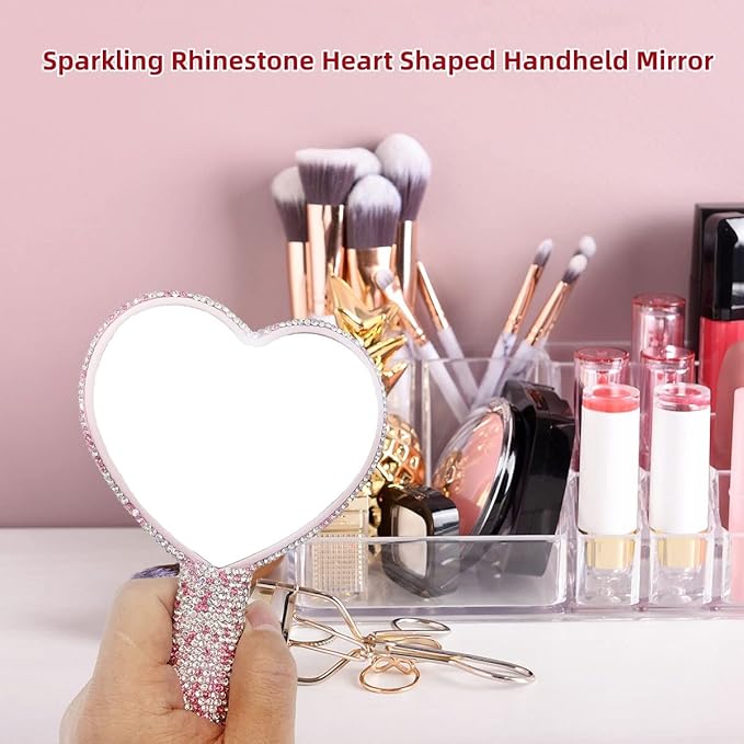 LOPURO Sparkling Rhinestone Heart Shaped Handheld Mirror, Rhinestone Handheld Heart Mirror Bling Glitter Cute Cosmetic Hand Mirror with Handle Portable Makeup Mirror for Women Travel