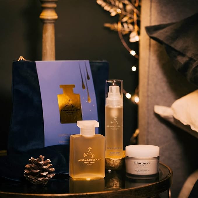 Aromatherapy Associates Ultimate Moment of Rest. Luxurious Holiday Gift Set Includes Deep Relax Bath and Shower Oil, Restful Mist, Body Butter and Eye Mask in a Velvet Bag (1 Count)