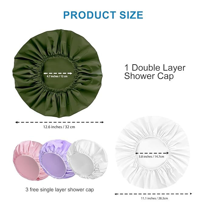 Shower Cap for Women Set of 4, 1 Double-Layer Waterproof Bath Cap + 3 Single-Layer Waterproof Shower Caps – Reusable Hair Protector, TPU Coated Elastic Bathing Cap for Women & Men - Dark Green
