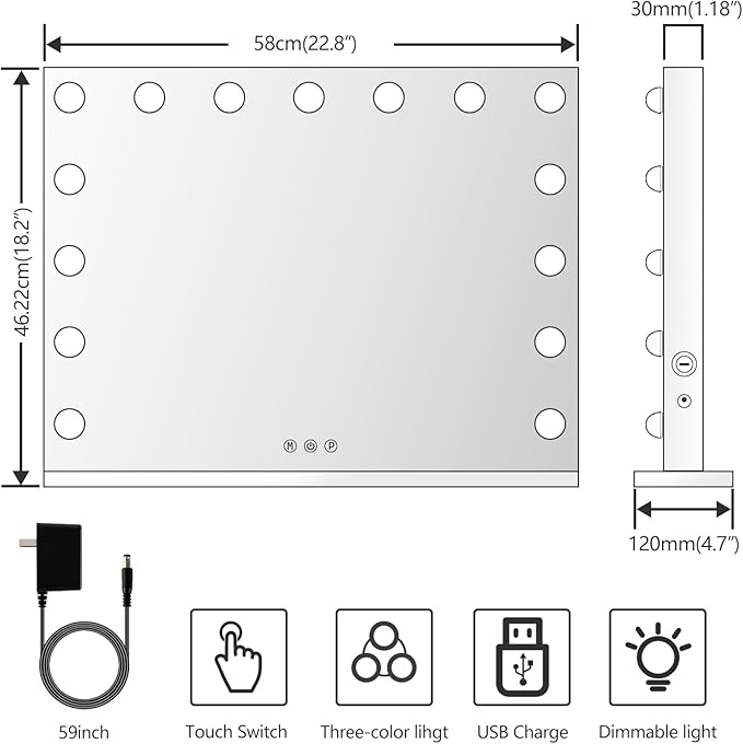 22.8 x 18.2 Vanity Makeup Mirror with Lights, 10X Magnification,Large Hollywood Lighted Vanity Mirror with 15 Dimmable LED Bulbs, USB Charger Port, Tabletop or Wall-Mounted White