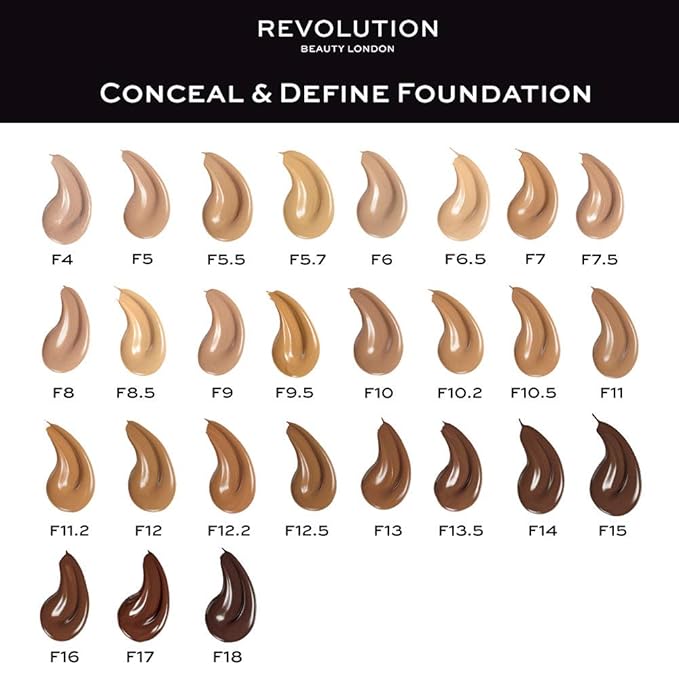 Makeup Revolution Conceal & Define Foundation, Cream Foundation Makeup, Full Coverage, For Dark Skin Tones, Vegan & Cruelty-Free, F16, 23ml