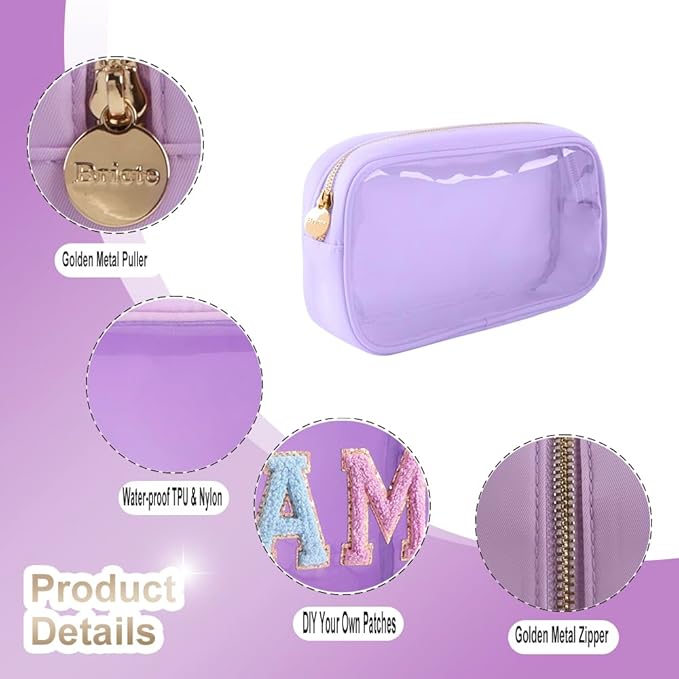 Medium Preppy Transparent Makeup Pouch Women Travel Clear TPU and Nylon Cosmetic Pouch (Medium, Purple)