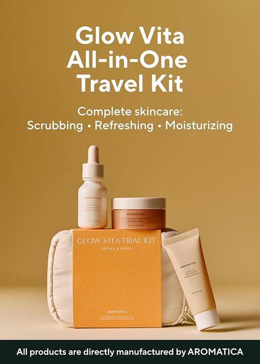 AROMATICA Glow Vita Trial Kit - Travel Size Skin Care Set [Vitamin C Serum 0.5 fl. oz, Facial Scrub 0.5 fl. oz, Goodnight Cream with Retinol 1oz] - Travel Kit for Women