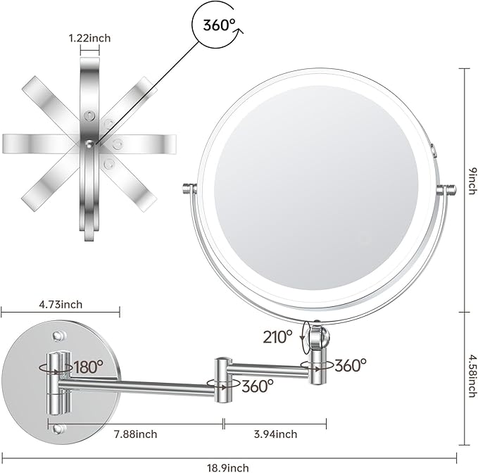9" Wall Mounted Makeup Mirror with Lights, 4000mAh Rechargeable 1X/10X Wall Mounted Magnifying Mirror for Bathroom, 3 Color Lighting,Touch Screen Dimming,Extended Arm 360 Rotation Wall Mount Mirror C