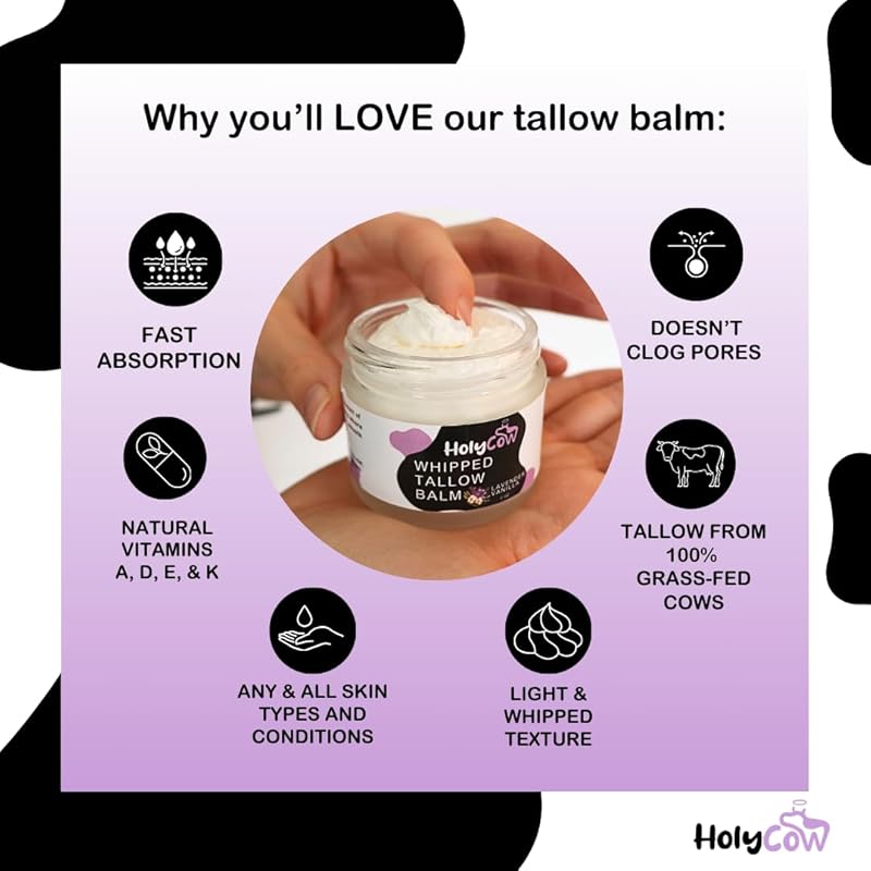 Beef Tallow For Skin - Whipped Tallow Balm with Organic Jojoba Oil, Grass Fed Beef Tallow Face Moisturizer for Eczema, Baby, Lip Balm - Lotion For Extremely Dry Skin (Lavender Vanilla)