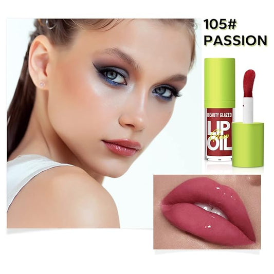 Beauty Glazed Big Brush Head Lip Oil, Ultra-Hydrating & Nourishing, Smooth Glossy Finish Lip Glow Oil, Shiny and Vegan Tinted Lip Gloss, Non-Sticky Formula (2, 105# PASSION & 106# FUSE)