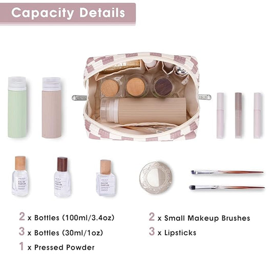 Narwey Small Checkered Makeup Bag for Purse Mini Pink Cosmetic Bag Travel Makeup Pouch Zipper Pouch Cute Make up Bags with Compartments for Women Girls (Dusty Rose Checkerboard, Small)