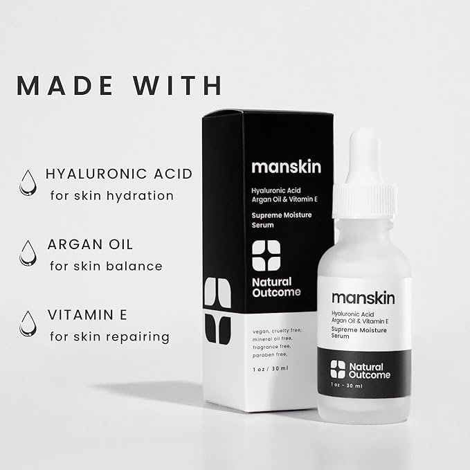 Man Skin Supreme Moisture Serum Mens I Mens Anti-Aging Day & Night Facial Serum I Advanced Moisture Serum with Hyaluronic Acid, Argan Oil & Vitamin E