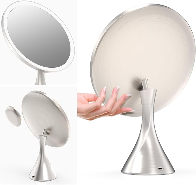 10'Large Lighted Makeup Mirror with 7X Magnification Mirror,3 Colors & 10 Brightness,Magnifying Mirror with Light for Makeup Vanity,5000mAh,Pearl Nickel,Gifts Box (Nickel)