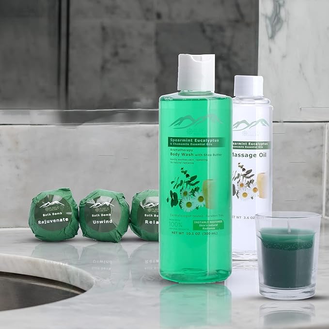 Bed Bath & Body Spa Gift Basket. Spearmint Eucalyptus Pampering XL Bath Basket for Relaxing Gift. Natural & Sulfate Free Relaxation Gift Care Package for Men & Women. Best Bath Gift Set