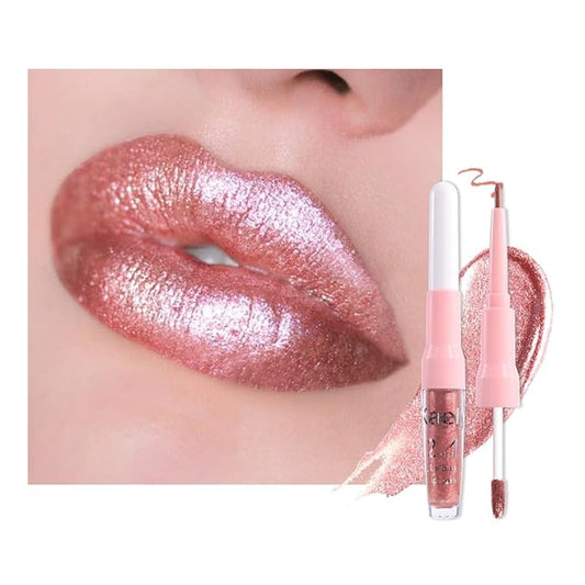 Rose Gold Metallic Shimmer Lip Liner and Lipstick Combo Lip Gloss Stain Set Makeup for Women Long Lasting Waterproof 24, Nude Pink Frosted Metallic Glitter Matte iridescent Liquid Lipstick lippies