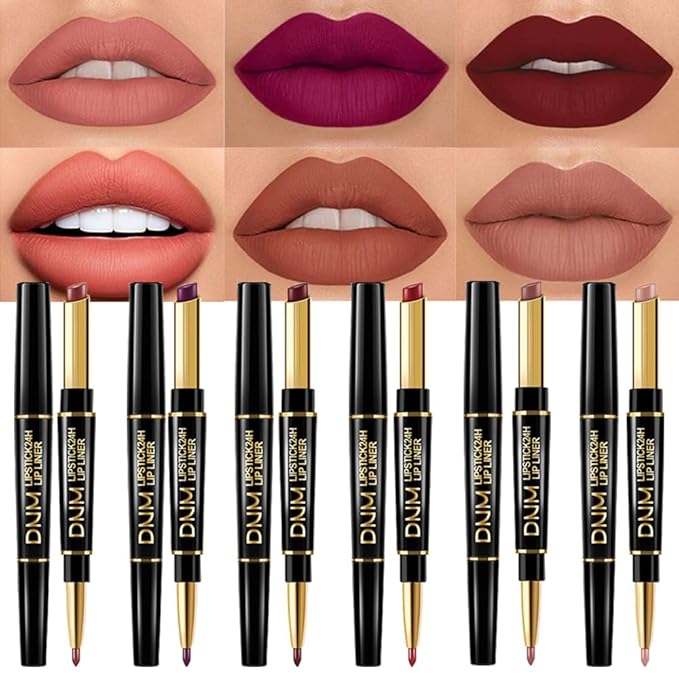 BINGBRUSH 2 IN 1 Lip Liner & Lipstick Makeup Set, Dark Red Matte Metallic Lipliner Set for Black Mature Women Waterproof Long Lasting Gift Set (6Pcs Set-A01-Matte, 6Pcs)