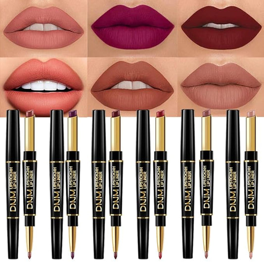 BINGBRUSH 2 IN 1 Lip Liner & Lipstick Makeup Set, Dark Red Matte Metallic Lipliner Set for Black Mature Women Waterproof Long Lasting Gift Set (6Pcs Set-A01-Matte, 6Pcs)