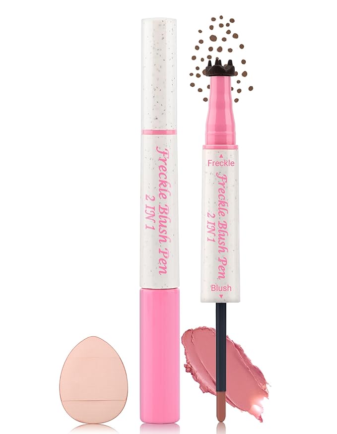 Freckle Pen and Liquid Blush Makeup Set, Freckle Stamp, Freckle Blush Liquid Pencil with Powder Puff, Freckles Tattoo, Waterproof Quick Dry Long Lasting, Natural Sun-kiss Face Makeup #01