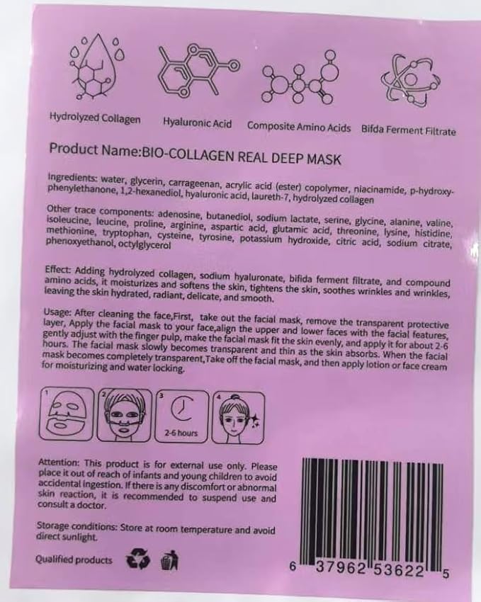 Bio-technology COLLAGEN Deep Face Mask, Hydrating Overnight Hydrogel Mask, Pore Minimizing, Elasticity Improvement, Beauty Mask, Organic, Vegan, Rich in Vitamin C, Aloe Vera, 34g x4ea