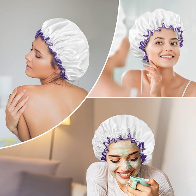 Aquior Shower Cap, Shower Cap for Women Reusable Waterproof, Large Bath Hair Cap for All Hair Lengths, Ladies, Men and Kids (White)