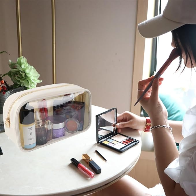 Medium Preppy Transparent Makeup Pouch Women Travel Clear TPU and Nylon Cosmetic Pouch (Medium, Beige)