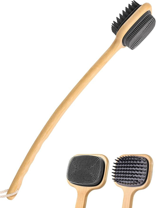Back Brush for Shower, 16.92'' Dual-Sided Silicone Bristles Shower Scrubber for Body, Thickening Bamboo Handle, Wall Mounted, Wet or Dry Use for Bath, Massage, Itch Relief, Personal Care Gift