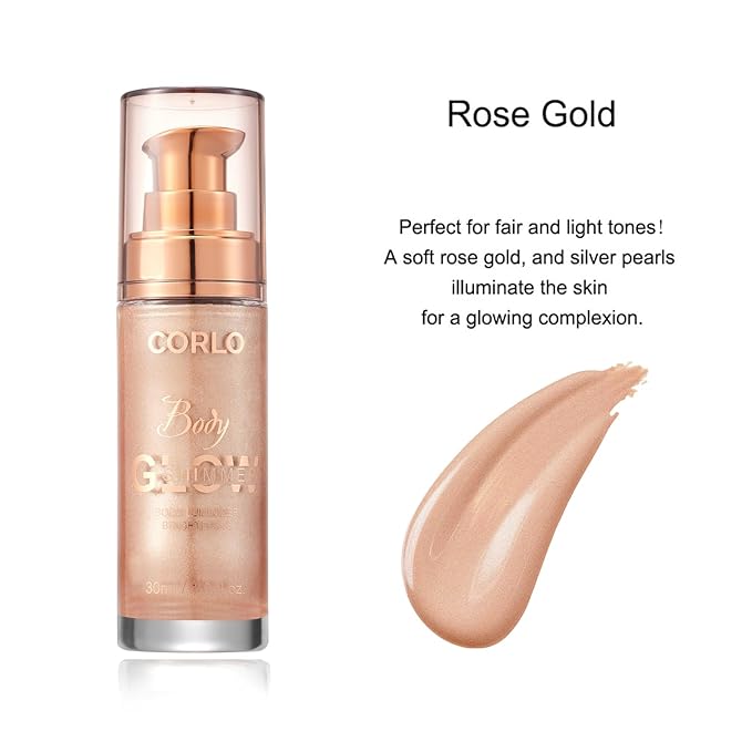Body Shimmer Oil Liquid Glitter Face Luminizer Glow Highlighter Waterproof Long Lasting Moisturizing Luminizer FaceProm Party Makeup Brush Include(Rose Gold, Body Oil)