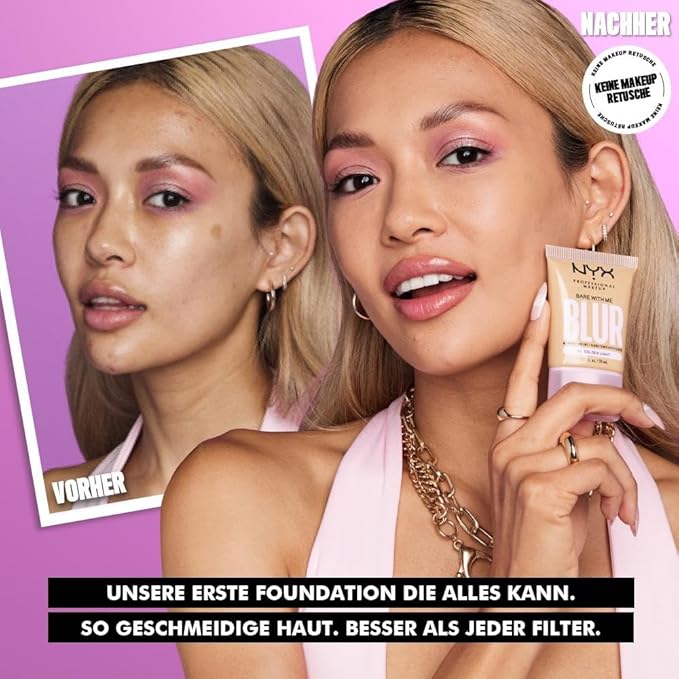 NYX PROFESSIONAL MAKEUP Bare With Me Blur Skin Tint Foundation Make Up with Matcha, Glycerin & Niacinamide - Deep Bronze