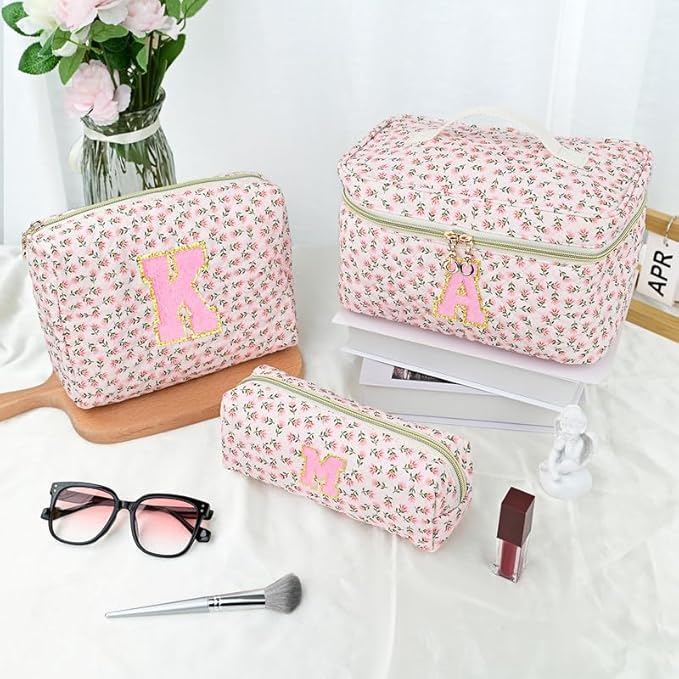 3 PCS Travel Makeup Bag Set, A-Z Initials Cotton Make up Bag Floral Quilted Cosmetic Bag for Girls and Women, Personalized Cute Toiletry Bag Travel Accessories Brushes Bag Yellow - A