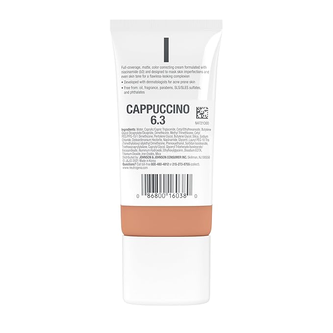 Neutrogena Clear Coverage Flawless Matte CC Cream, Full-Coverage Color Correcting Cream Face Makeup with Niacinamide (b3), Hypoallergenic, Oil Free & Fragrance Free, Cappuccino, 1 oz