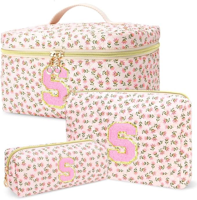 3 PCS Travel Makeup Bag Set, A-Z Initials Cotton Make up Bag Floral Quilted Cosmetic Bag for Girls and Women, Personalized Cute Toiletry Bag Travel Accessories Brushes Bag Flower - S