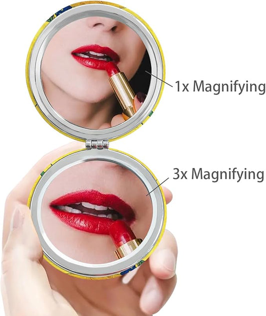 Pocket Mirror, 2 Pcs Round 2.8” PU OilPainting Style Double Sided 1X/3X Purse Compact Mirrors (OilPainting03)