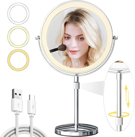 9in Vanity Mirror with Lights, Rechargeable 5000mAh Lighted Makeup Mirror, 1X/20X Double Sided Magnifying Mirror, 360° Rotate, 3 Color Lights, Up to 3800lux with 60 LEDs, Brightness Adjustable,Silvery