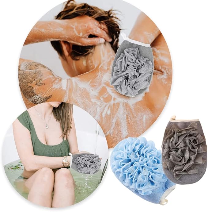 2 Pcs Bath Shower Pouf Sponge Loofah Sponge Shower Loofah 2 in 1 Exfoliating Mesh Pouf Sponge Loofah Bath Glove with Elastic Hand Strap for Women Men Kid Bathroom