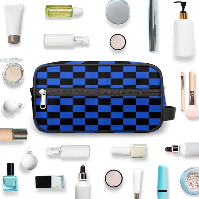 Black Blue Checkerboard Hanging Toiletry Bag,Travel Hygiene Kits for Boys Mens,Waterproof Makeup Carry-on Bags,Cosmetic Bag,TSA Approved Shave Dopp Kit for Toiletries Shower Bathroom Accessories Gifts