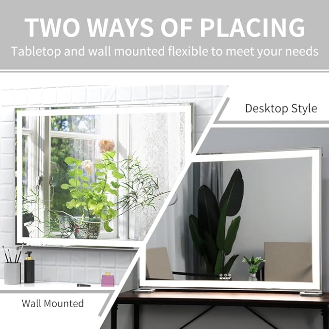 ANYHI Large Vanity Mirror with LED Light, 36.2" x 26.8"Hollywood Lighted Makeup Mirror, Tabletop/Wall Mirror for Bedroom & Makeup Room, Smart Touch Control, 3 Color Modes, Silver