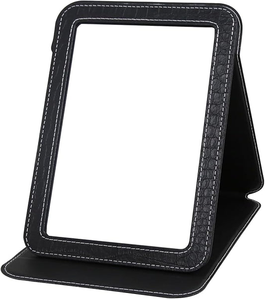 Black Foldable Desk Mirror, 5.3×6.9” Adjustable Angle Rounded Rectangle PU Edge Covering Travel Mirror with Stand (MBlack)