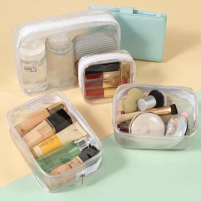5 Pack Clear Plastic Zippered Toiletry Carry Pouch TSA Approved Toiletry Bag Portable Cosmetic Makeup Bag for Vacation, Bathroom and Organizing (White, Mixed Size)