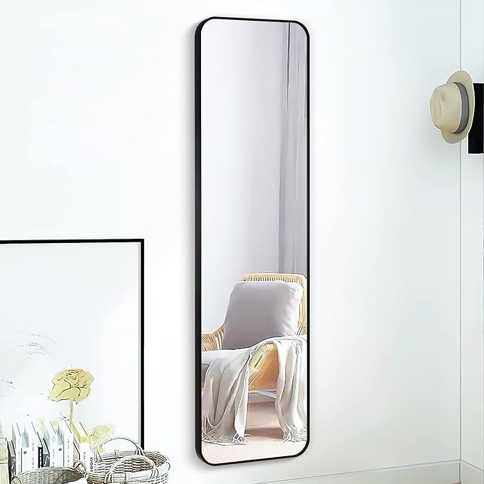 47x14 Mirror Full Body Length Door Hanging Rope Hang Wall Mounted Metal Frame Rectangle Mirrors for Bedroom Bathroom Dressing Living Room 47 inch Black