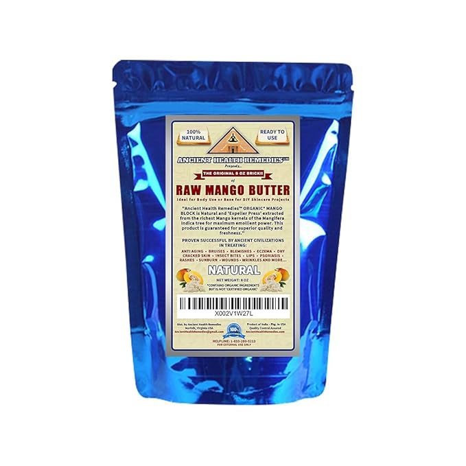 ANCIENT HEALTH REMEDIES Organic Unrefined Raw MANGO BUTTER JAR/BLOCKS Bulk, Light Mango Aroma, Non-Greasy Base for Beauty, Skin Moisturizing, DIY Base for Body Butter & Hand Creams (8OZ)