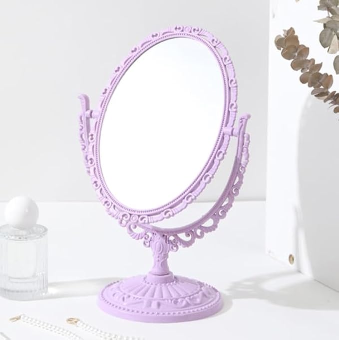 AKOAK 1 Pack Desktop Makeup Mirror, Oval Desk Makeup Mirror, Double-Sided 360-degree Rotating Makeup Mirror Bathroom Bedroom Makeup Mirror, Travel Mirror Suitable for Women (Purple)