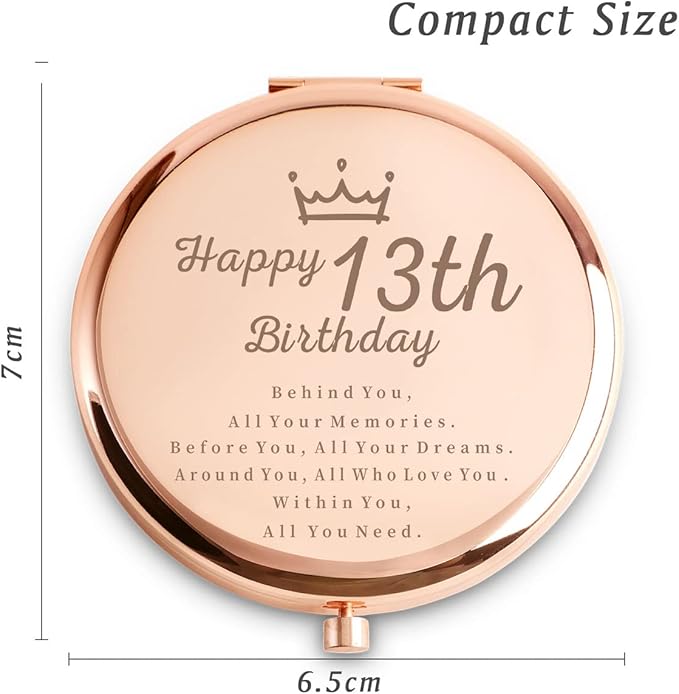 15th Birthday Gifts for Girls, Personalized Engraved Compact Mirror, Rose Gold Finish, 2.5" Round Frame, Dual Mirror Functionality