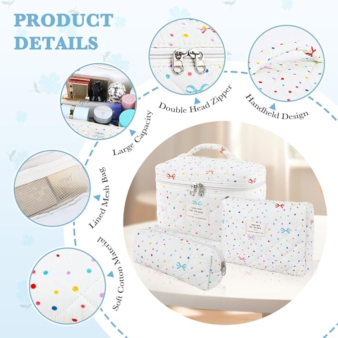 3Pcs Cotton Quilted Makeup Bag Set,Large Floral Cosmetic Bag，Aesthetic Toiletry Travel Makeup Bag Set and Cute Flower Bag for Women Girls (Apricot Colored Dot)