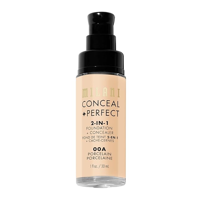 Milani Conceal + Perfect 2-in-1 Foundation + Concealer (1 Fl. Oz.) Liquid Foundation - Cover Under-Eye Circles, Blemishes & Skin Discoloration for a Flawless Complexion (Porcelain)