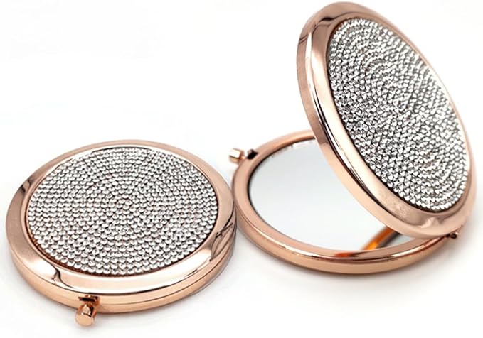 2pcs Magnifying Compact Mirrors 1X 2X Folding Makeup Mirror Mini Round Travel Mirrors 2.75 Inch Foldable Pocket Purse Cosmetic Mirror Sturdy Metal with Diamonds Women Girls Gifts (Rose Gold)