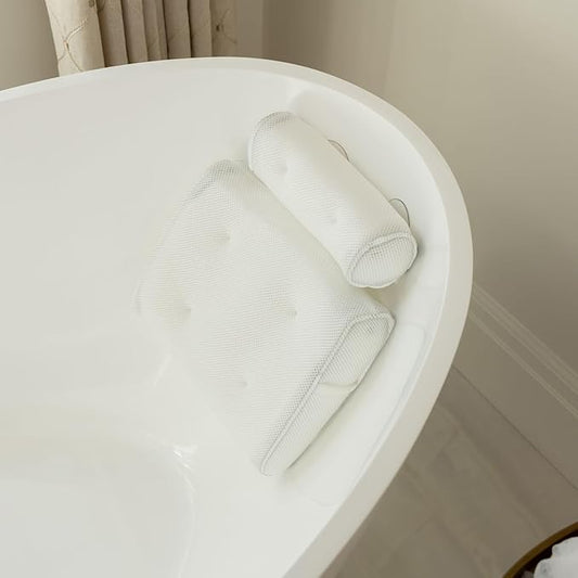 SunSerenity Luxury Bath Pillow for Tub - Relaxing Bath Tub Accessory – Bath Tub Pillow for Head and Back, Unscented Candle, Sponge Loofah, Laundry Bag, & Suction Tool (White on White)
